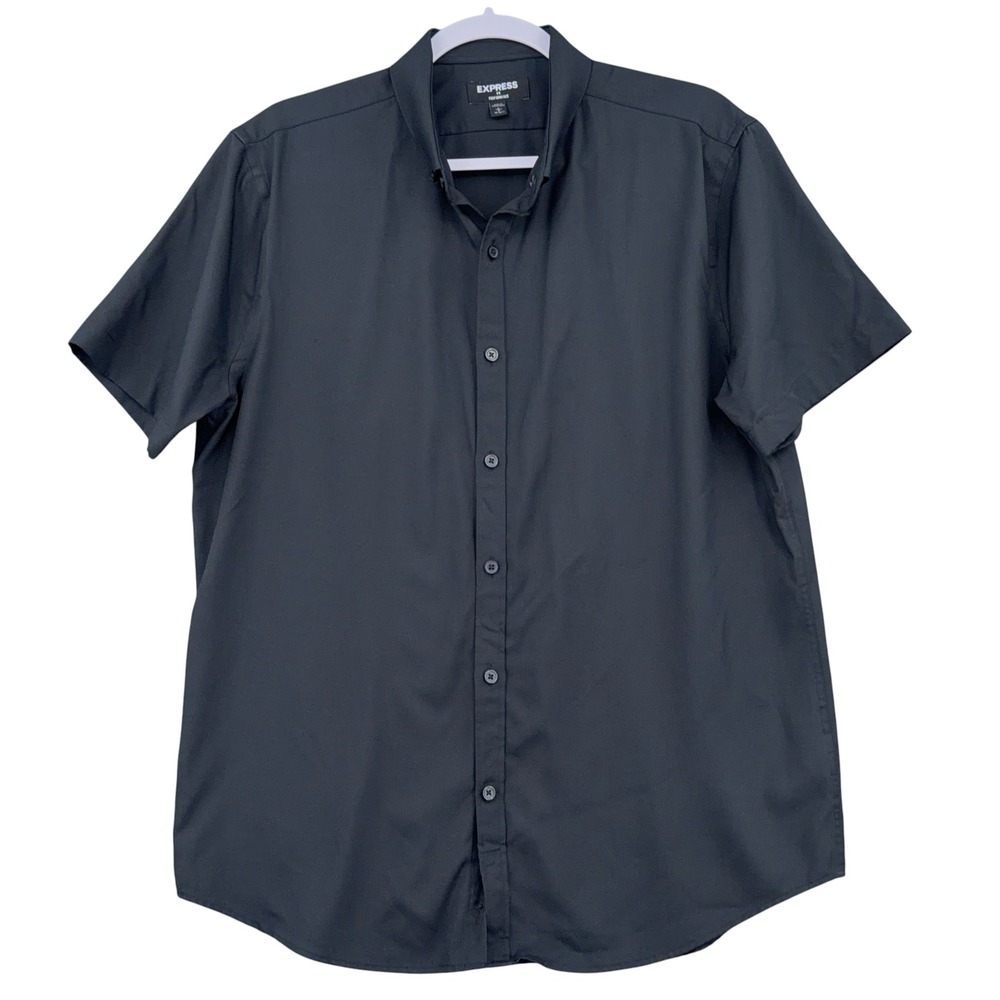 Express Performance Mens L 100% Polyester Black Short Sleeve Button Up Shirt